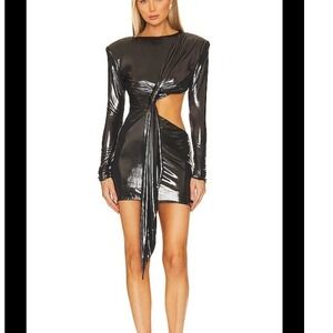 NonChalant Label Addison Black Metallic Cutout Knot Front Long Sleeve Mini Dress